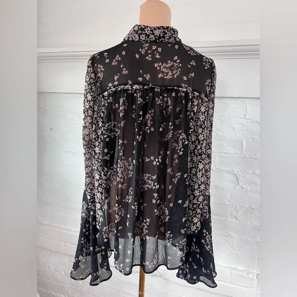 FreePeople Serena Black Floral Blouse Sheer Button Up Ditzy Cottage Witch Size M - Picture 8 of 16